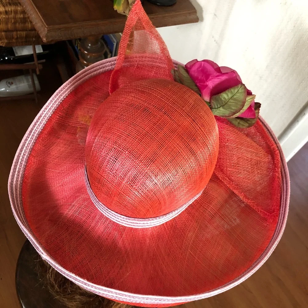 Vintage Wide Brim Red Straw Hat - Picture 5 of 10